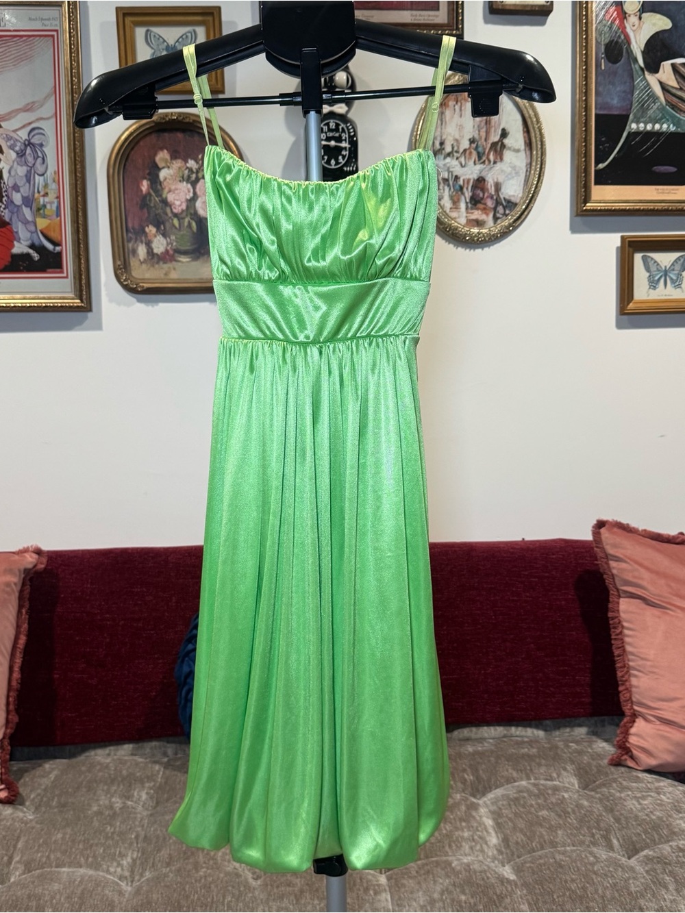 Y2K Lime Satin Spaghetti-Strap Midi Dress with Tie Back